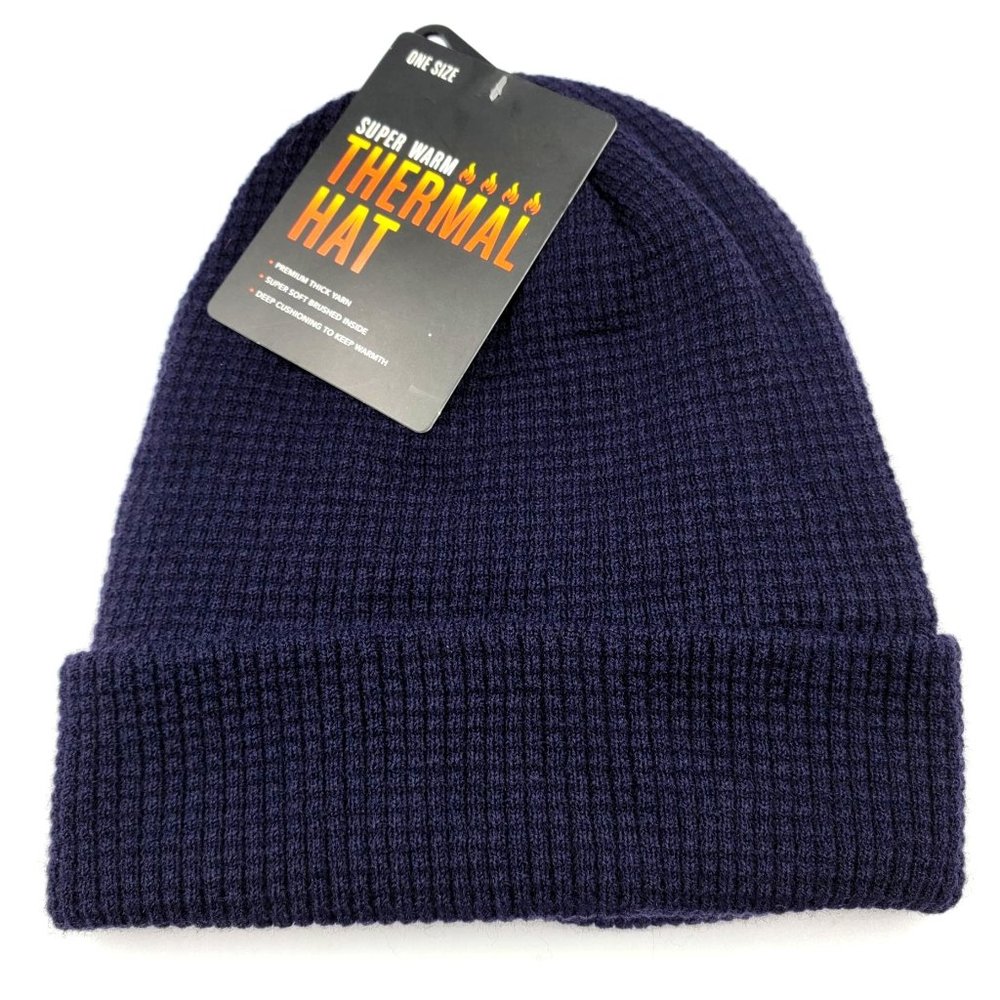 Men's Thermal Fleece Lined Knit Beanie Cap Hat Navy Blue Winter NEW